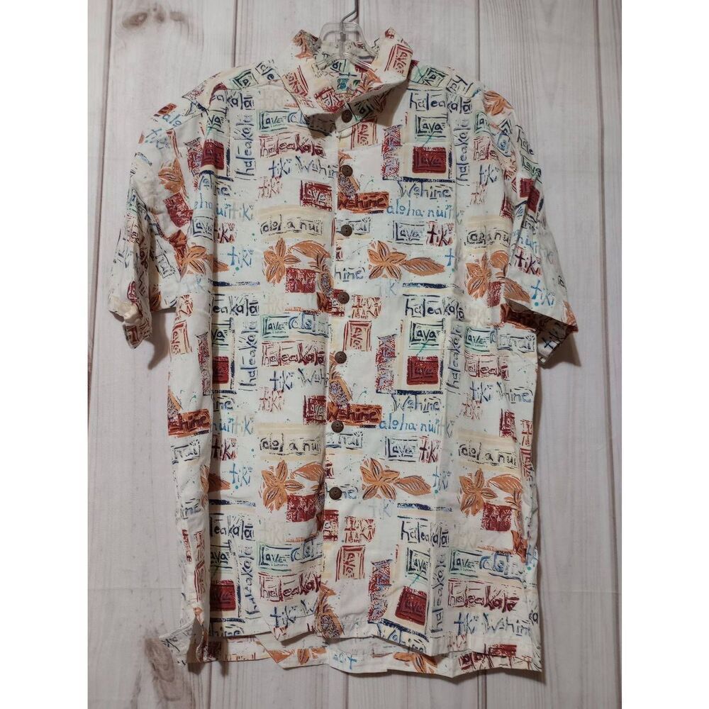 John Severson Shirt Men's Large Button Front Short Sleeve Hawaiian Wooden Button